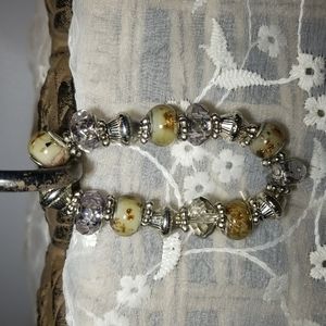 Painted Glass beads silver tone metal,bracelet oriental look ,costume jewelry